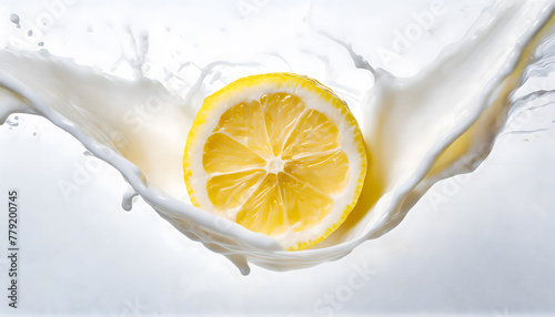 Visual Representation of the Moment a Falling Lemon Collides with Water and Milk, Transformed into an Artistic Scene. Slices and Splashes.