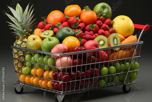 Assorted market shopping cart basket fresh vegetables and fruits on black background Generative AI
