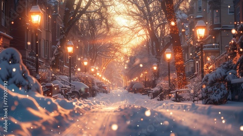 Morning Glow on Snowy Urban Street, generative ai © Matus