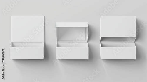 White packaging boxes. Open and closed white boxes, cardboard package mockup template vector illustration set 