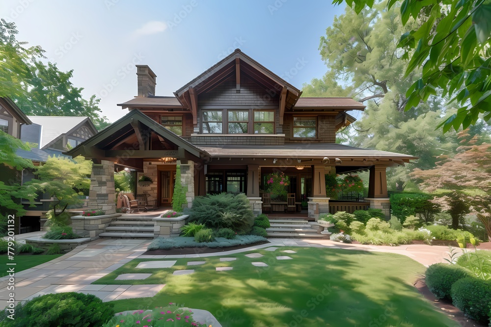 A craftsman house exterior in an earthy brown color, with a large front porch, stone accents, and a beautiful backyard oasis.