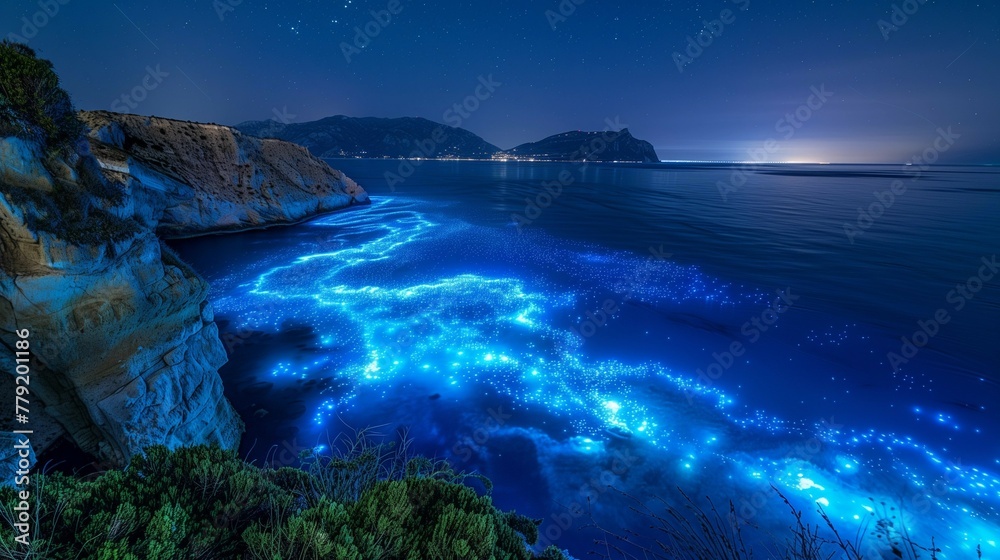 Oceanic Fairy Lights: Bioluminescent Plankton at Night, generative ai