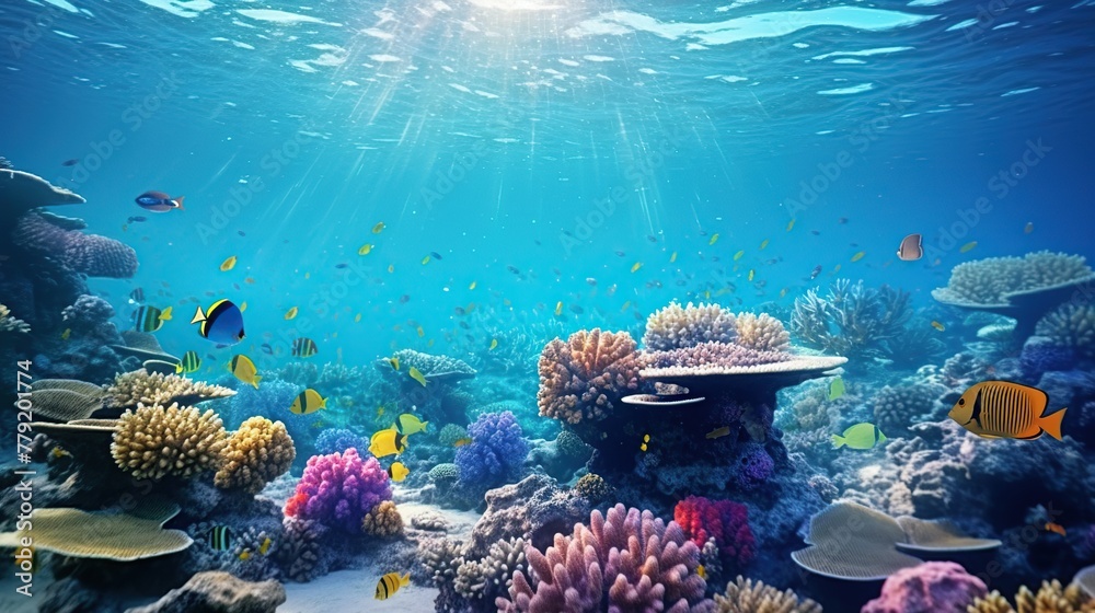 Fototapeta premium Beautiful tropical sea underwater fishes with coral reef. Panoramic underwater world.