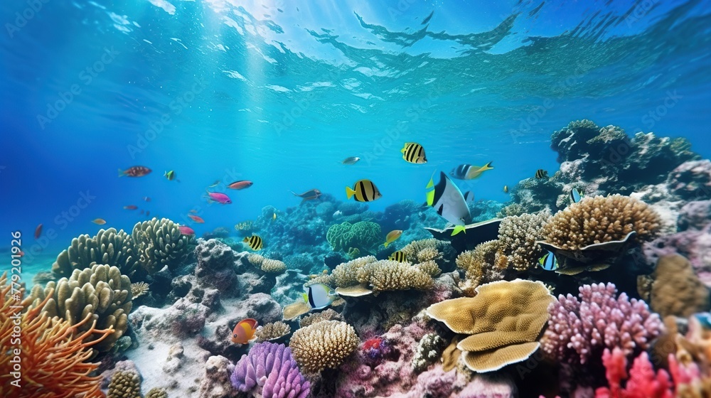 Beautiful tropical sea underwater fishes with coral reef. Panoramic underwater world.