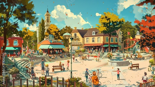 A picture book illustration where there are many people in a town photo