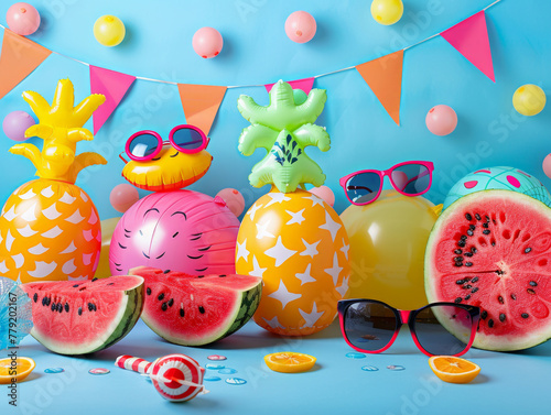 Festosa scena estiva con figure di angurie, ananas, palloncini e fenicotteri in uno sfondo vivace photo