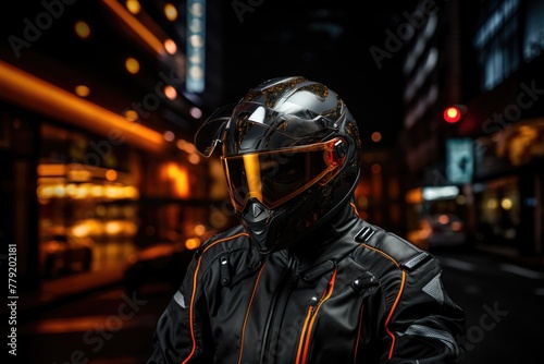 The driver of a sports fast motorcycle in a helmet night view on city Generative AI © Saim Art