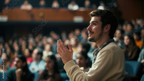 A man in a theatre clapping with a crowd behind him