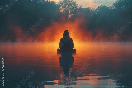A person is sitting in the water with the sun reflecting on the water