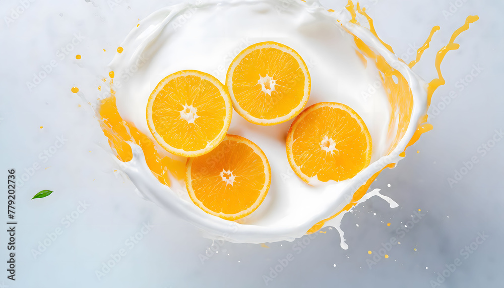 Visual Representation of the Moment a Falling Orange Collides with Water and Milk, Transformed into an Artistic Scene. Slices and Splashes.
