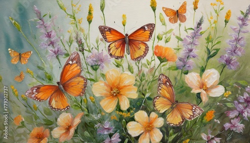 Fluttering Palette: Delicate Wildflowers and Orange Butterflies in Oil Paints