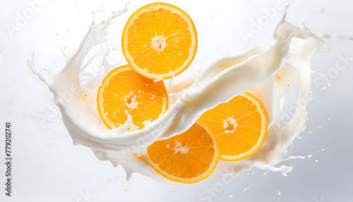 Visual Representation of the Moment a Falling Orange Collides with Water and Milk  Transformed into an Artistic Scene. Slices and Splashes.