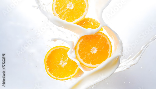 Visual Representation of the Moment a Falling Orange Collides with Water and Milk, Transformed into an Artistic Scene. Slices and Splashes.