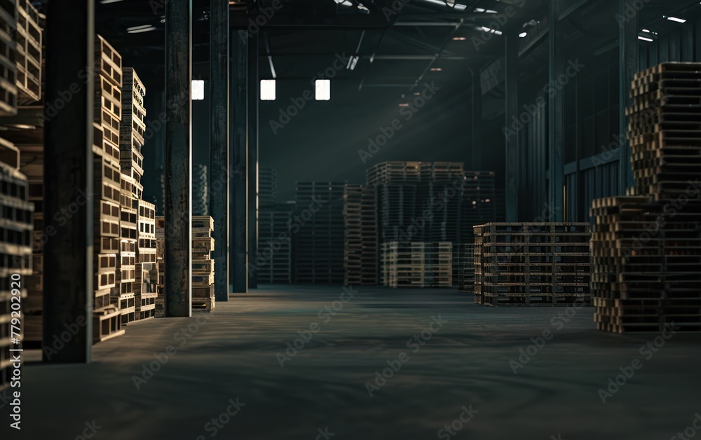 old warehouse,stack of pallets in empty warehouse,Pile of old wooden pallets