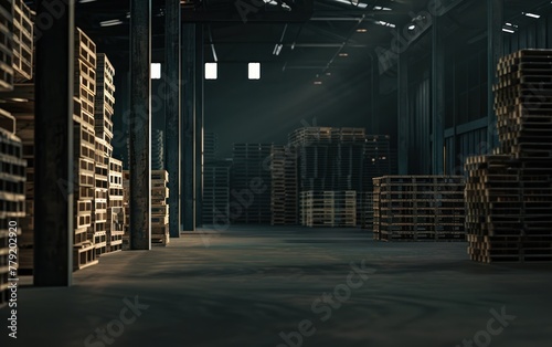 old warehouse,stack of pallets in empty warehouse,Pile of old wooden pallets