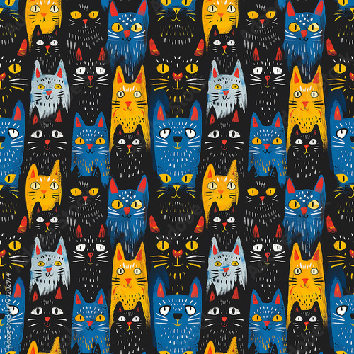 Whimsical Colorful Cats Illustration Pattern.