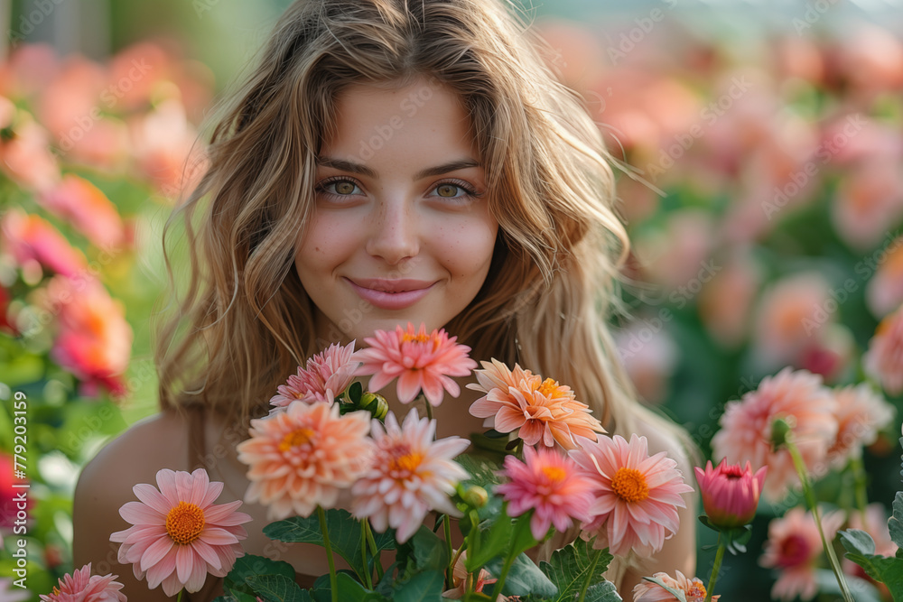 beautiful girl with a flower in her hand in a field with flowers on blur background beautiful girl with a flower in her hand in a field with flowers on blur background