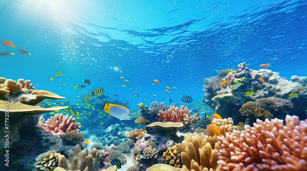 Fototapeta premium Beautiful tropical sea underwater fishes with coral reef. Panoramic underwater world.