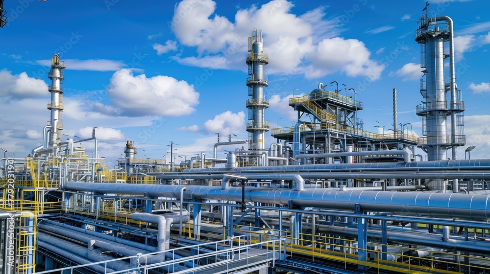 Oil Refinery Wallpaper, Striking Industrial Panorama with Vibrant Blue Sky and Intricate Piping Architecture
