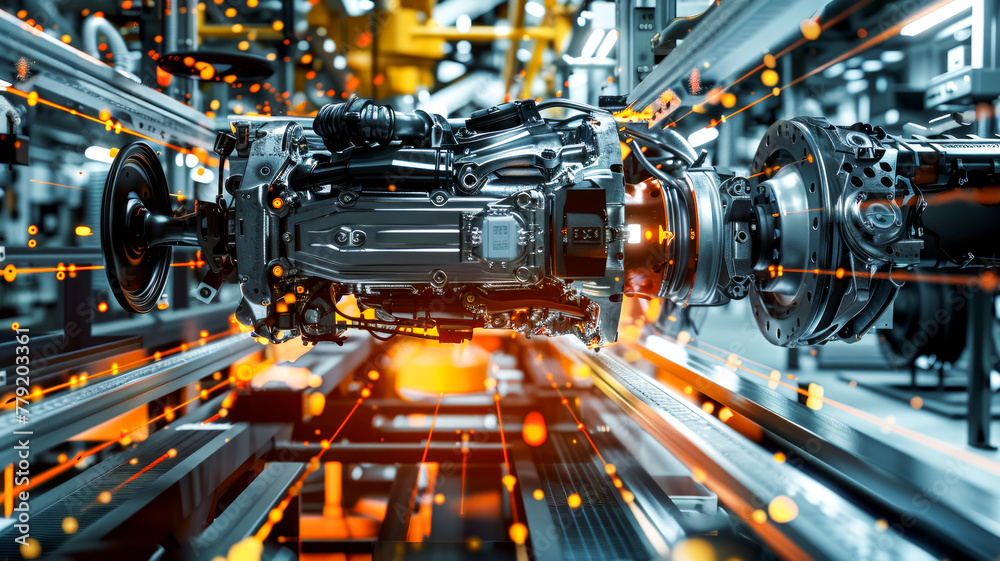Modern fully automated production line at an electric vehicle factory, precision engineering in production Modern fully automated production line at an electric vehicle factory, precision engineering in production
