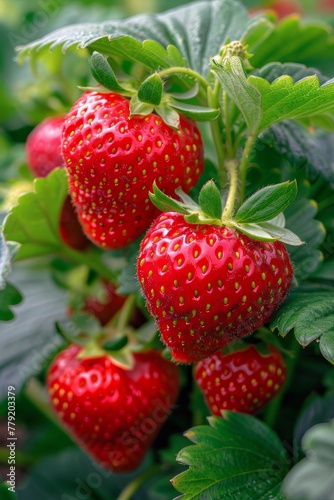 Close Up of Ripe Red Strawberries on Plant