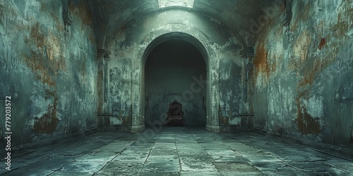 An eerie ambiance envelops the ancient throne, its emptiness echoing through the dark castle hallway against a stark white backdrop.