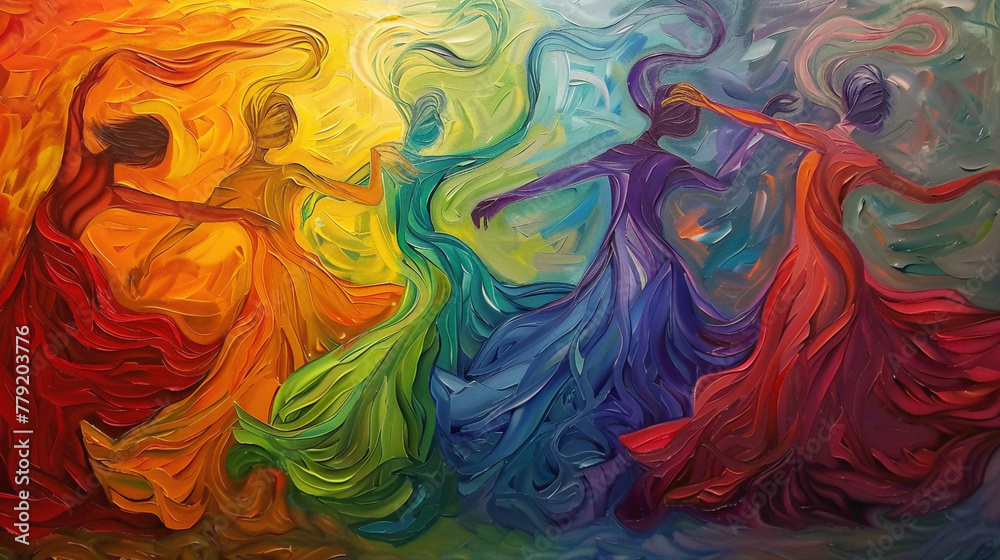 Spirals of vibrant colors dancing across the canvas, their movements fluid and graceful, like a choreographed performance.