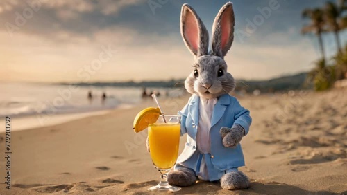  rabbit drink juice  on the beach