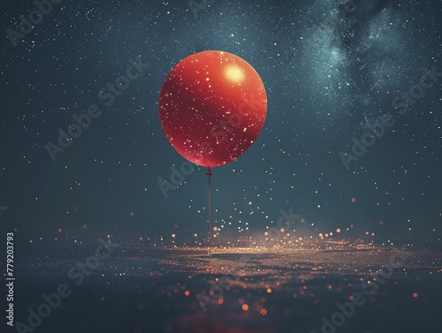 A solitary balloon drifts into the starry night, embodying themes of freedom and exploration against a white backdrop.