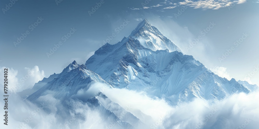 Majestic scene of a mountain peak piercing through clouds, aspiration and achievement theme, on white background.