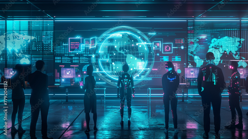 AI and human collaboration. Futuristic neon