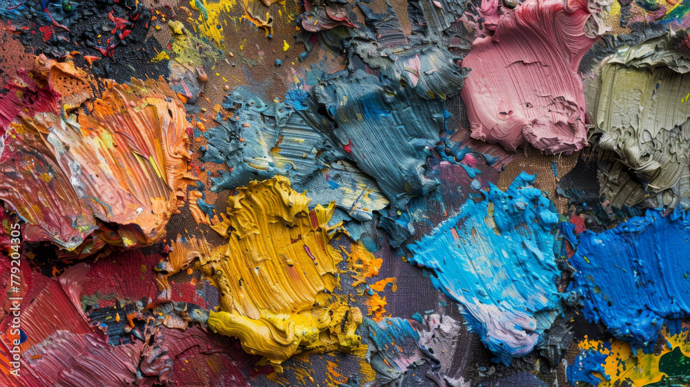A palette of different colors of oil or acrylic paint. Graphic resource or asset.