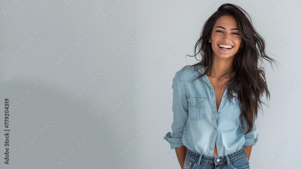 Arab woman wear blue shirt smile laugh out loud isolated on grey Arab woman wear blue shirt smile laugh out loud isolated on grey