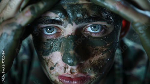Close up of a soldier putting camouflage paint on his face
