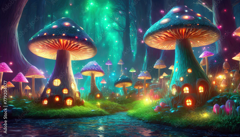 Colorful and majestic fantasy mushroom village glowing at night. AI generated.