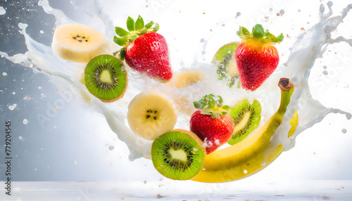Visual Representation of the Moment a Falling Strawberry  Kiwi  Blueberry and Banana Collides with Water and Milk  Transformed into an Artistic Scene. Slices and splashes.