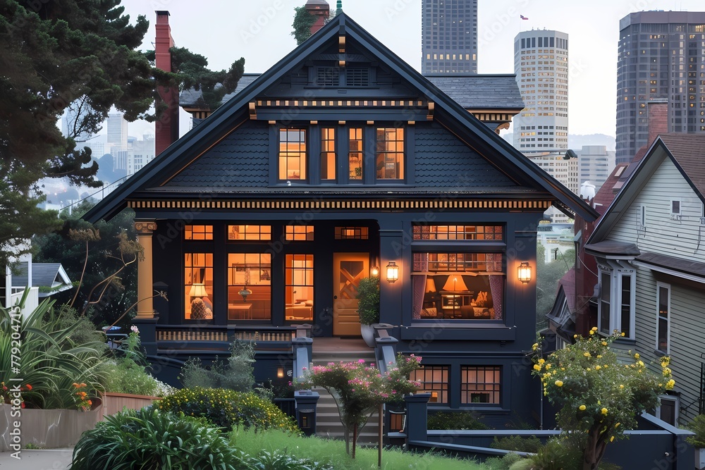 A dramatic craftsman home facade adorned with midnight blue tones, standing out against the city skyline.