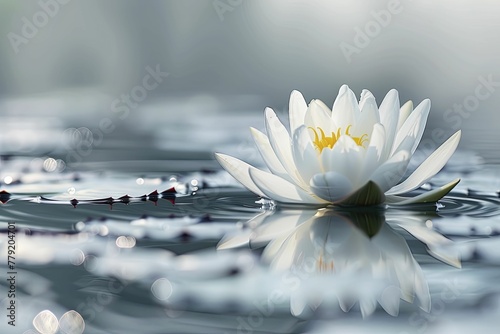 A tranquil lotus bloom unfurls gracefully atop serene waters, embodying purity and enlightenment against a pristine white backdrop.