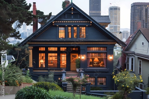 A dramatic craftsman home facade adorned with midnight blue tones  standing out against the city skyline.