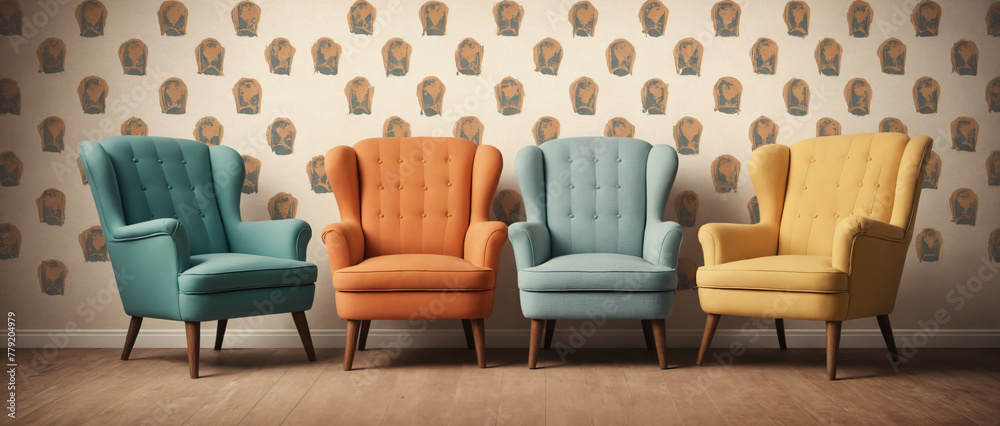 Fototapeta premium 4 retro colorful armchairs in a retro room