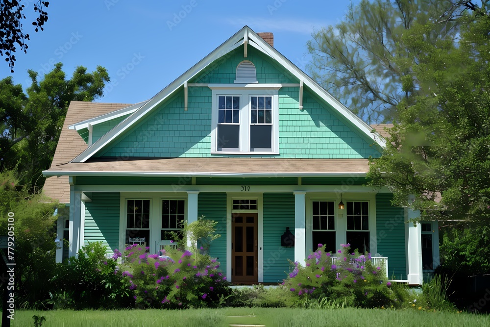 A stunning craftsman house adorned with a soft mint green exterior, offering a refreshing sight against the clear blue sky. A stunning craftsman house adorned with a soft mint green exterior, offering a refreshing sight against the clear blue sky.