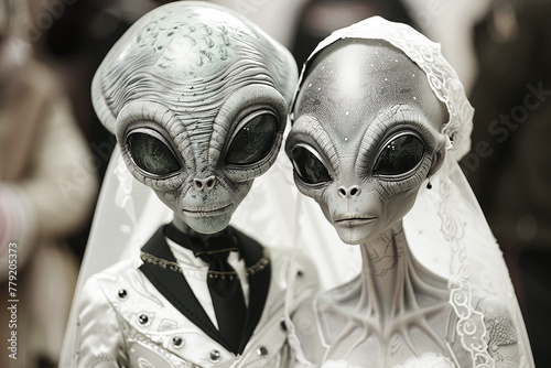 A couple of aliens, a bride and a groom at wedding