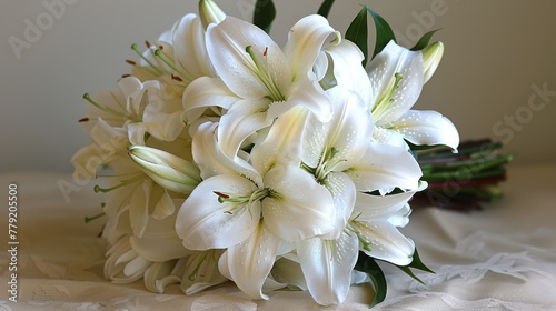 Bridal Bouquet of White Flowers on Bed