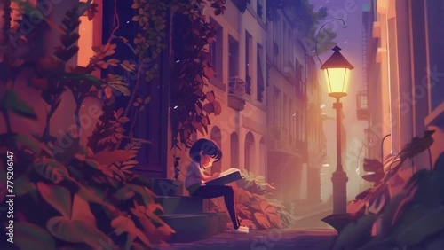Cute lofi girl studying in a lamplight with tree and leaves, Lofi loop anime animation. photo