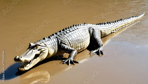 A Crocodile With Its Tail Dragging Along The River