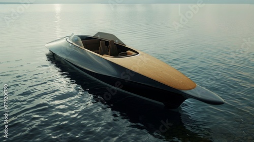 Sleek Wooden Speedboat Gliding on Calm Waters at Dusk