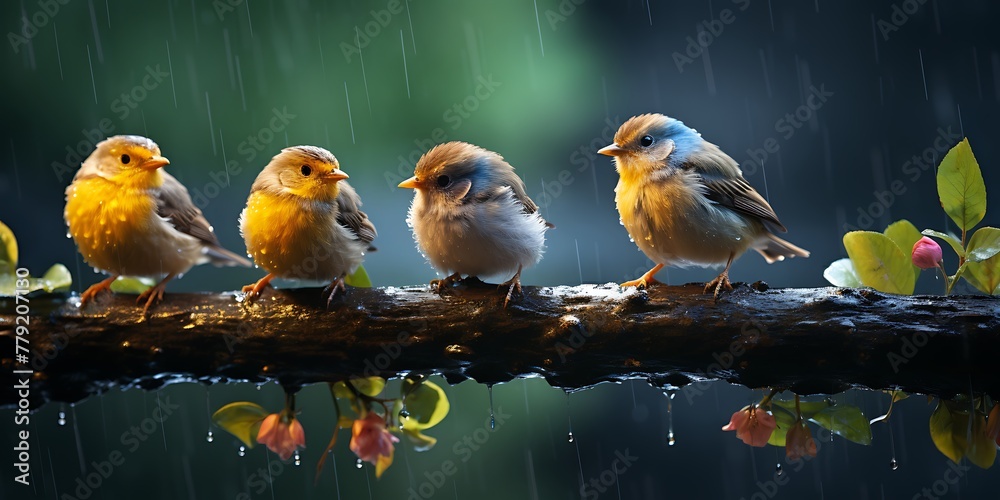 group of european robins sitting on a branch in rain