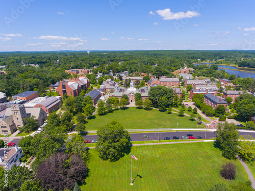 Academy Building of Phillips Exeter Academy aerial view in historic town center of Exeter, New Hampshire NH, USA. This building is the main building of the campus.  © Wangkun Jia