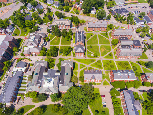 Academy Building of Phillips Exeter Academy aerial view in historic town center of Exeter, New Hampshire NH, USA. This building is the main building of the campus.  photo