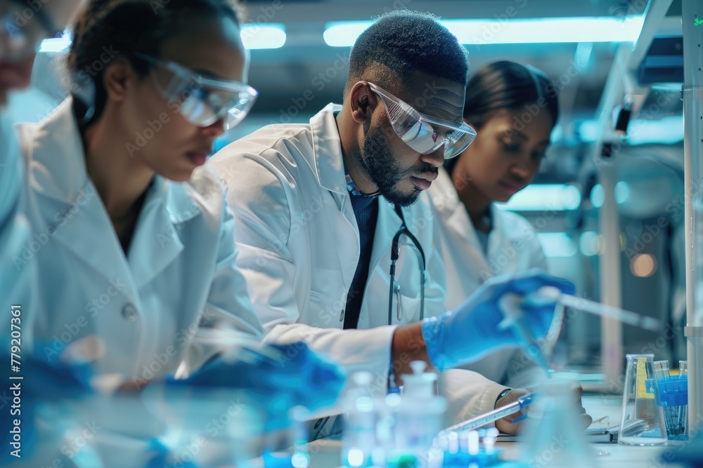 team of scientists collaborating and performing tests team of scientists collaborating and performing tests